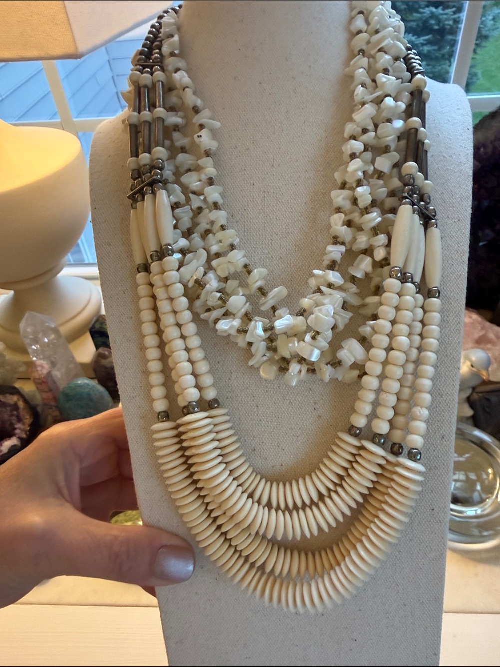 Native Tribal Mother of Pearl Multi-Strand Cream Beaded Statement Necklaces